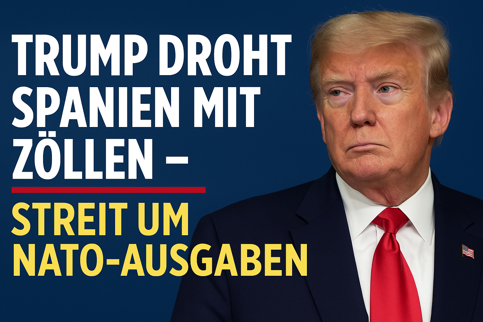 Donald Trump droht Spanien mit Zöllen – Beitragsbild mit Schlagzeile ‚Trump droht Spanien mit Zöllen – Streit um NATO-Ausgaben‘ auf blauem Hintergrund, Trump im Anzug mit roter Krawatte rechts im Bild.