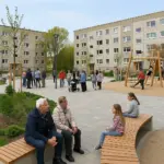 Neugestalteter Platz mit Spielgeräten und Bäumen im Allende-Viertel Bautzen