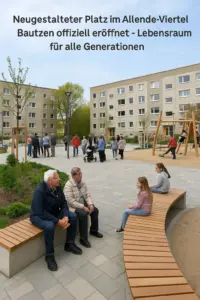 Neugestalteter Platz mit Spielgeräten und Bäumen im Allende-Viertel Bautzen