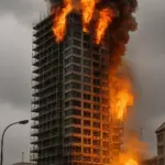 Brand auf Baustelle des Berliner Hochhauses John Jahr Haus mit Rauchwolke