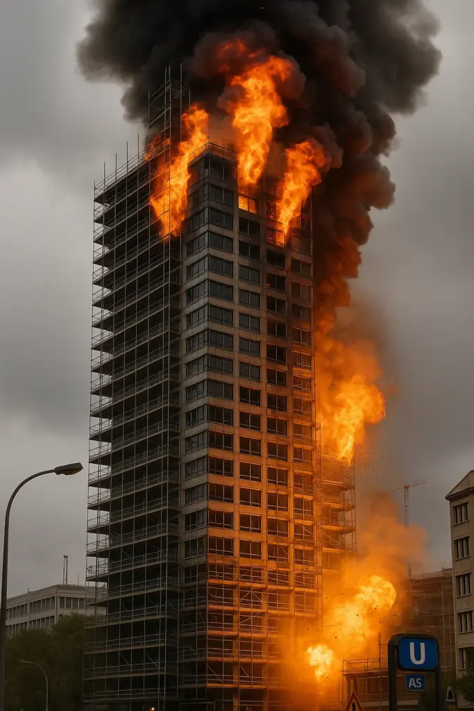 Brand auf Baustelle des Berliner Hochhauses John Jahr Haus mit Rauchwolke