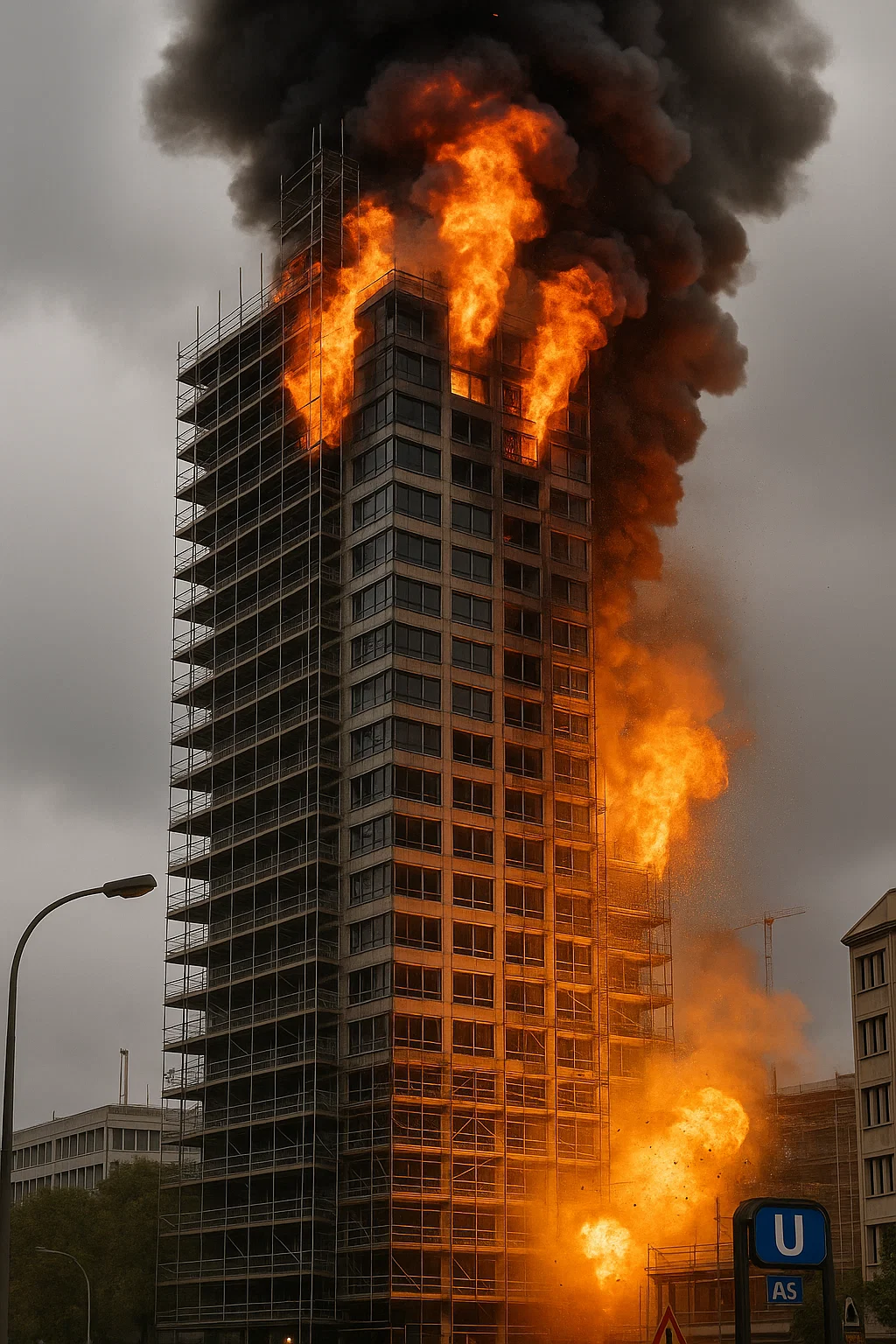 Brand auf Baustelle des Berliner Hochhauses John Jahr Haus mit Rauchwolke