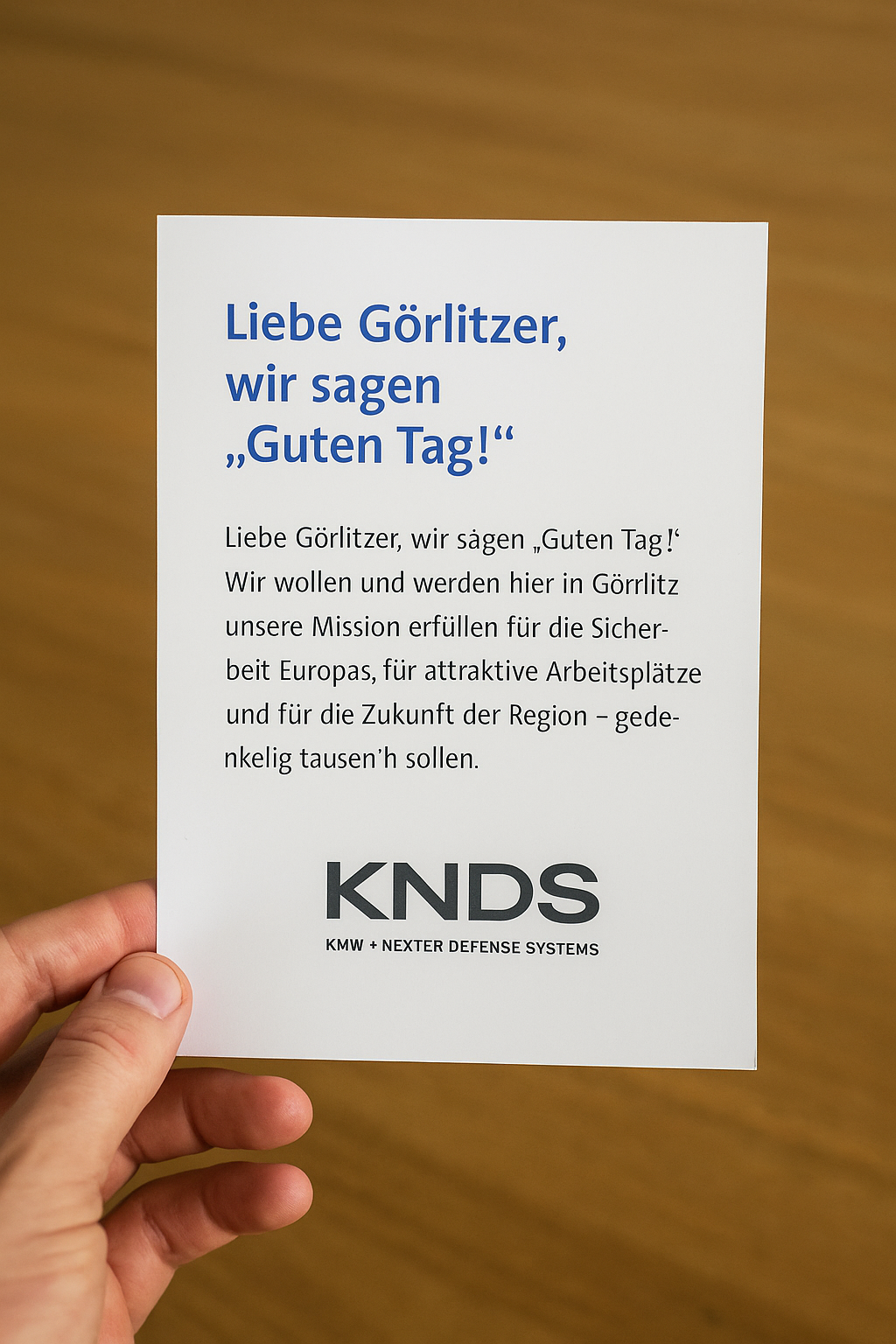 Eine Hand hält einen weißen Flyer mit der Aufschrift ‚Liebe Görlitzer, wir sagen Guten Tag!‘ und dem Logo von KNDS. Der Flyer liegt vor einem Holzuntergrund und wirkt wie eine Postwurfsendung an Görlitzer Haushalte.