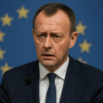 Michael Kretschmer bei Pressekonferenz vor EU-Flagge. Sachsens Ministerpräsident kritisiert die Europäische Union und fordert Reformen sowie eine wirtschaftliche Perspektive für Russland