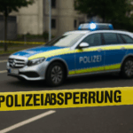 Eine Polizeiabsperrung mit gelbem Band und der Aufschrift ‚POLIZEIABSPERRUNG‘ im Vordergrund. Dahinter steht ein Streifenwagen der deutschen Polizei mit eingeschaltetem Blaulicht auf einer abgesperrten Straße. Im Hintergrund sind ein weiteres Polizeifahrzeug, Bäume und Gebäude zu erkennen.
