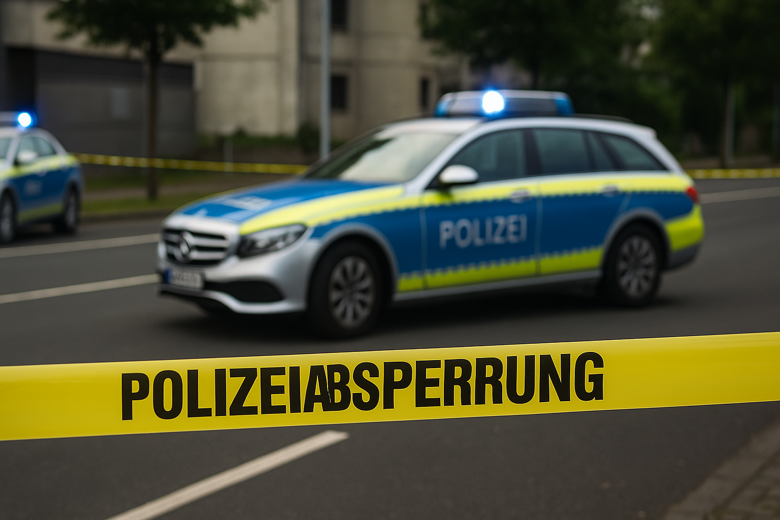 Eine Polizeiabsperrung mit gelbem Band und der Aufschrift ‚POLIZEIABSPERRUNG‘ im Vordergrund. Dahinter steht ein Streifenwagen der deutschen Polizei mit eingeschaltetem Blaulicht auf einer abgesperrten Straße. Im Hintergrund sind ein weiteres Polizeifahrzeug, Bäume und Gebäude zu erkennen.