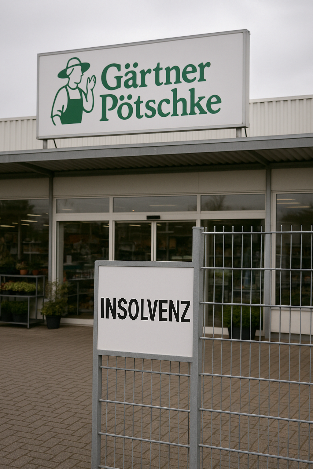 Das Foto zeigt den Eingang eines Gärtner-Pötschke-Geschäfts unter grauem, wolkenverhangenem Himmel. Im Vordergrund steht ein Metallgitter mit einem auffälligen weißen Schild, auf dem in schwarzen Großbuchstaben das Wort „INSOLVENZ“ steht. Dahinter erkennt man die Glasfront des Gebäudes mit dem bekannten grünen Firmenlogo von Gärtner Pötschke – einer stilisierten Gärtnerfigur mit Hut und Schürze. Durch die Scheiben sind Regale mit Pflanzen und Gartenartikeln zu sehen, doch der Eingangsbereich wirkt verlassen und ruhig. Die Szene vermittelt eine Mischung aus Stille und Unsicherheit.