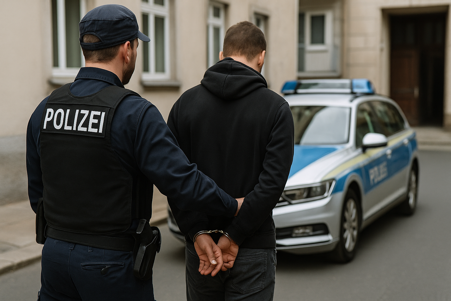 Ein Polizist führt einen festgenommenen Tatverdächtigen in Handschellen zu einem Einsatzfahrzeug der Polizei in einer Wohnstraße in Zittau. Der Zugriff erfolgte im Rahmen von Durchsuchungen nach einem Raubüberfall.