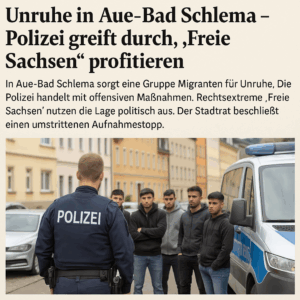 Polizei kontrolliert Gruppe junger Migranten in Aue-Bad Schlema. Polizeieinsatz wegen Unruhe in der Innenstadt, im Hintergrund Streifenwagen und Wohnhäuser. Thema: Sicherheitslage und politische Reaktionen in Sachsen