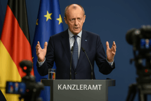 Friedrich Merz bei Pressekonferenz im Kanzleramt, spricht am Rednerpult mit Kanzleramt-Schriftzug, im Hintergrund die Deutschland- und EU-Flagge, Thema Sommerbilanz der Bundesregierung 2025.