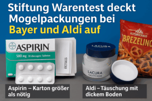 Montage mit drei Produkten vor blauem Hintergrund: eine geöffnete Aspirin-Packung von Bayer mit sichtbarem Beipackzettel, ein Cremetiegel Lacura Nachtcreme von Aldi Nord mit deutlich dickem Boden und eine halb volle Packung Alpenschmaus Brezelino. Darüber der Schriftzug: ‚Stiftung Warentest deckt Mogelpackungen bei Bayer und Aldi auf.