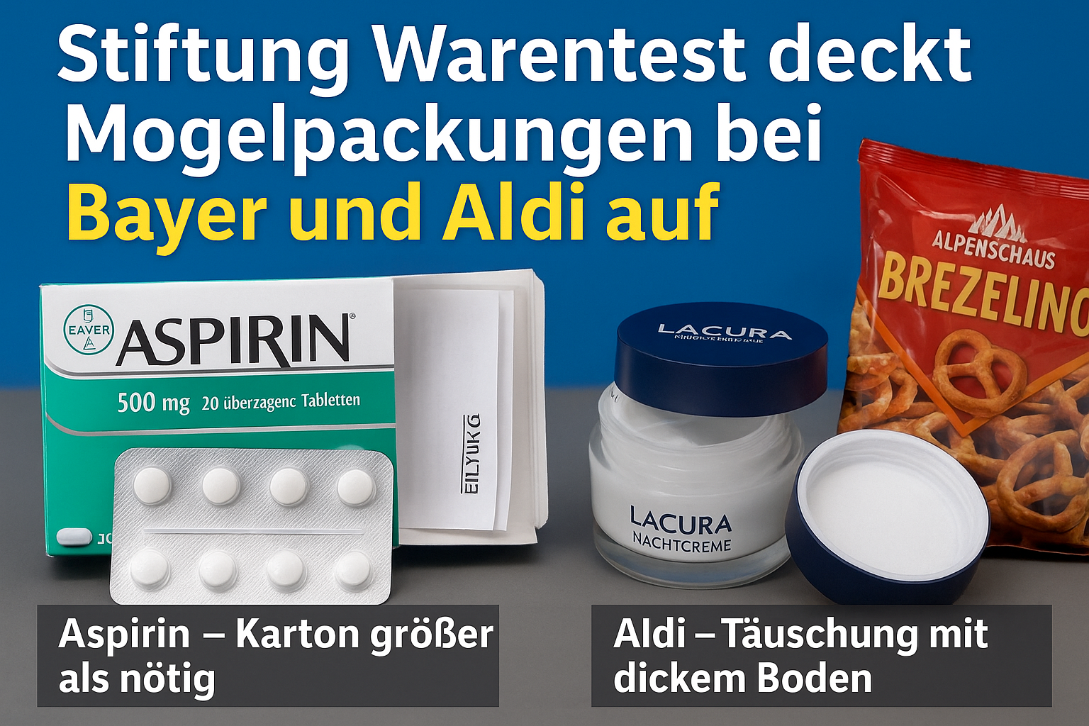 Montage mit drei Produkten vor blauem Hintergrund: eine geöffnete Aspirin-Packung von Bayer mit sichtbarem Beipackzettel, ein Cremetiegel Lacura Nachtcreme von Aldi Nord mit deutlich dickem Boden und eine halb volle Packung Alpenschmaus Brezelino. Darüber der Schriftzug: ‚Stiftung Warentest deckt Mogelpackungen bei Bayer und Aldi auf.