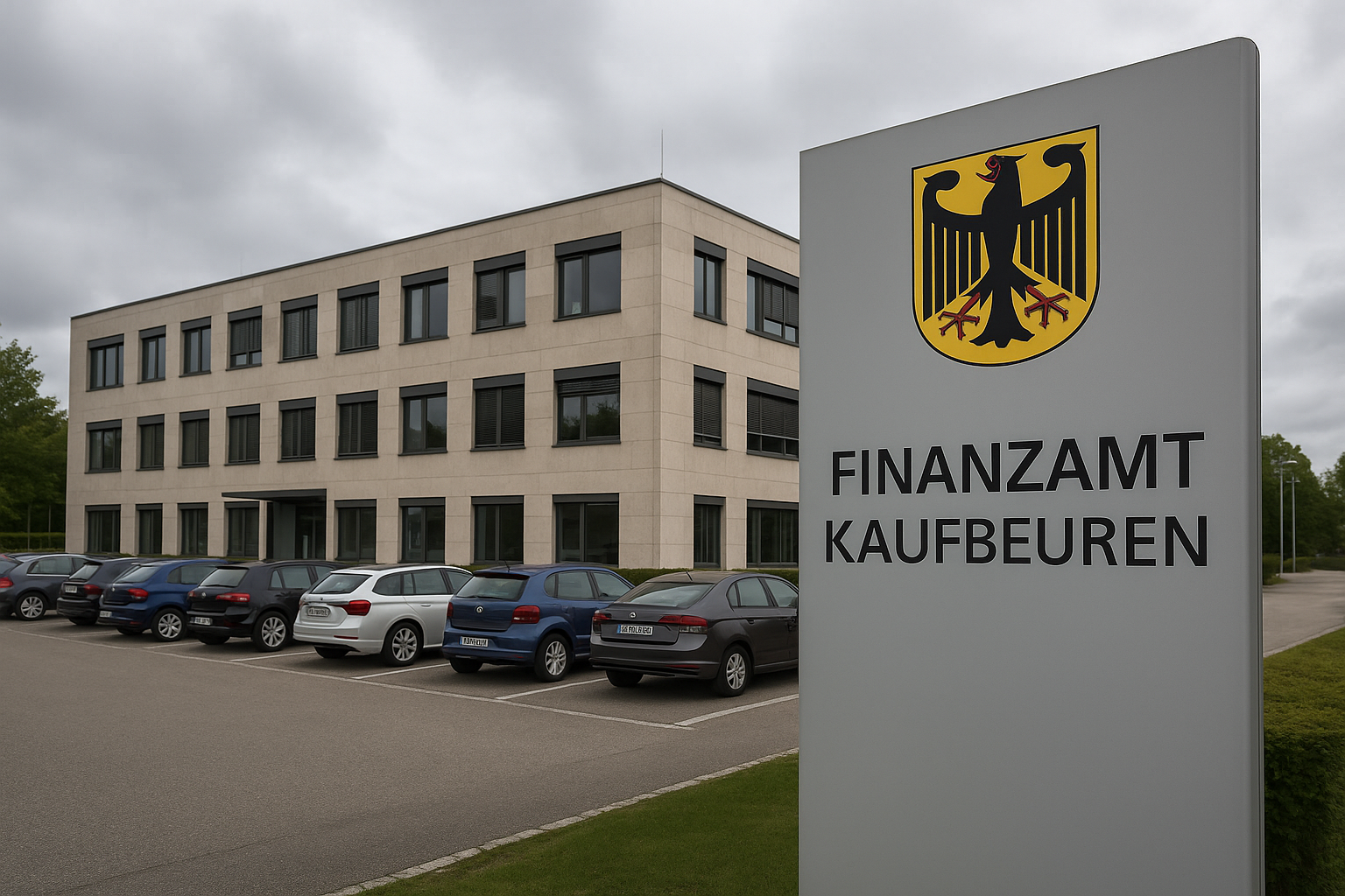 Ein modernes Verwaltungsgebäude des Finanzamtes Kaufbeuren, davor mehrere geparkte Autos. Der Himmel ist bewölkt. Das Bild symbolisiert den Ort der Rekordsteuerzahlung der Unternehmerfamilie Thiele.