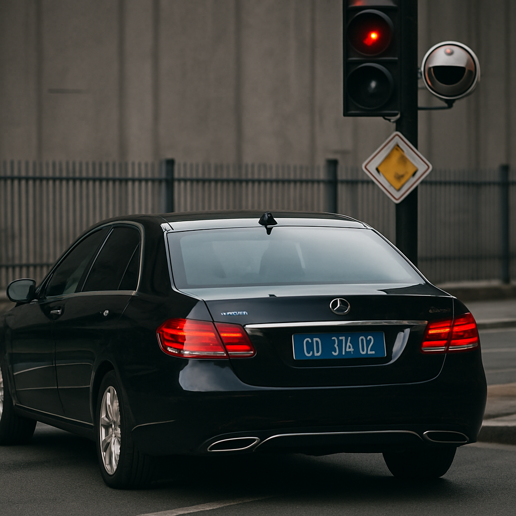 Diplomatisches Fahrzeug mit blauen Kennzeichen an einer roten Ampel – Symbolbild für den Vorfall mit Taiwans Vizepräsidentin in Prag