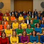 „Im Plenarsaal des Deutschen Bundestages sitzen Abgeordnete der Grünen und der Linken farblich angeordnet nebeneinander. Ihre Pullover, T-Shirts und Blusen ergeben zusammen die Farben der Regenbogenflagge. Im Hintergrund die typische Architektur des Bundestages mit Holzwänden und den Bundestagsadlern. Die Szene zeigt einen stillen Protest gegen das Verbot, die Regenbogenflagge zum CSD auf dem Reichstag zu hissen.“