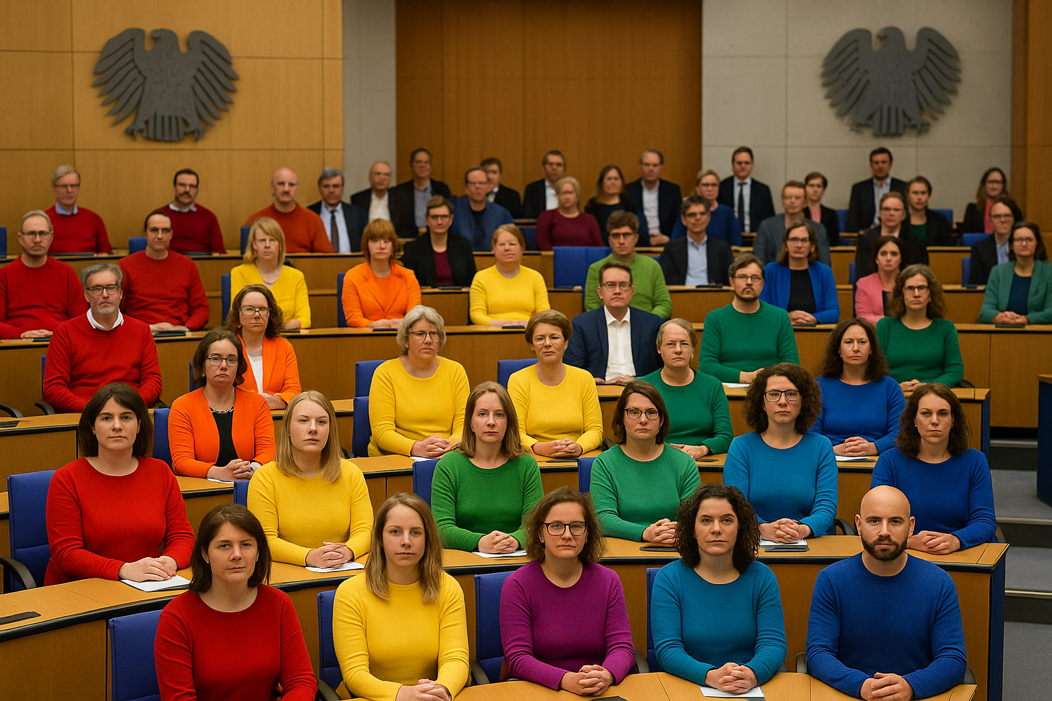 „Im Plenarsaal des Deutschen Bundestages sitzen Abgeordnete der Grünen und der Linken farblich angeordnet nebeneinander. Ihre Pullover, T-Shirts und Blusen ergeben zusammen die Farben der Regenbogenflagge. Im Hintergrund die typische Architektur des Bundestages mit Holzwänden und den Bundestagsadlern. Die Szene zeigt einen stillen Protest gegen das Verbot, die Regenbogenflagge zum CSD auf dem Reichstag zu hissen.“