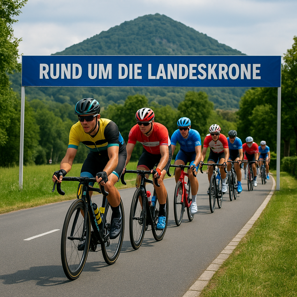 Radfahrer beim Rennen „Rund um die Landeskrone“ in Görlitz vor dem Hausberg Landeskrone – Radsport-Event 2025
