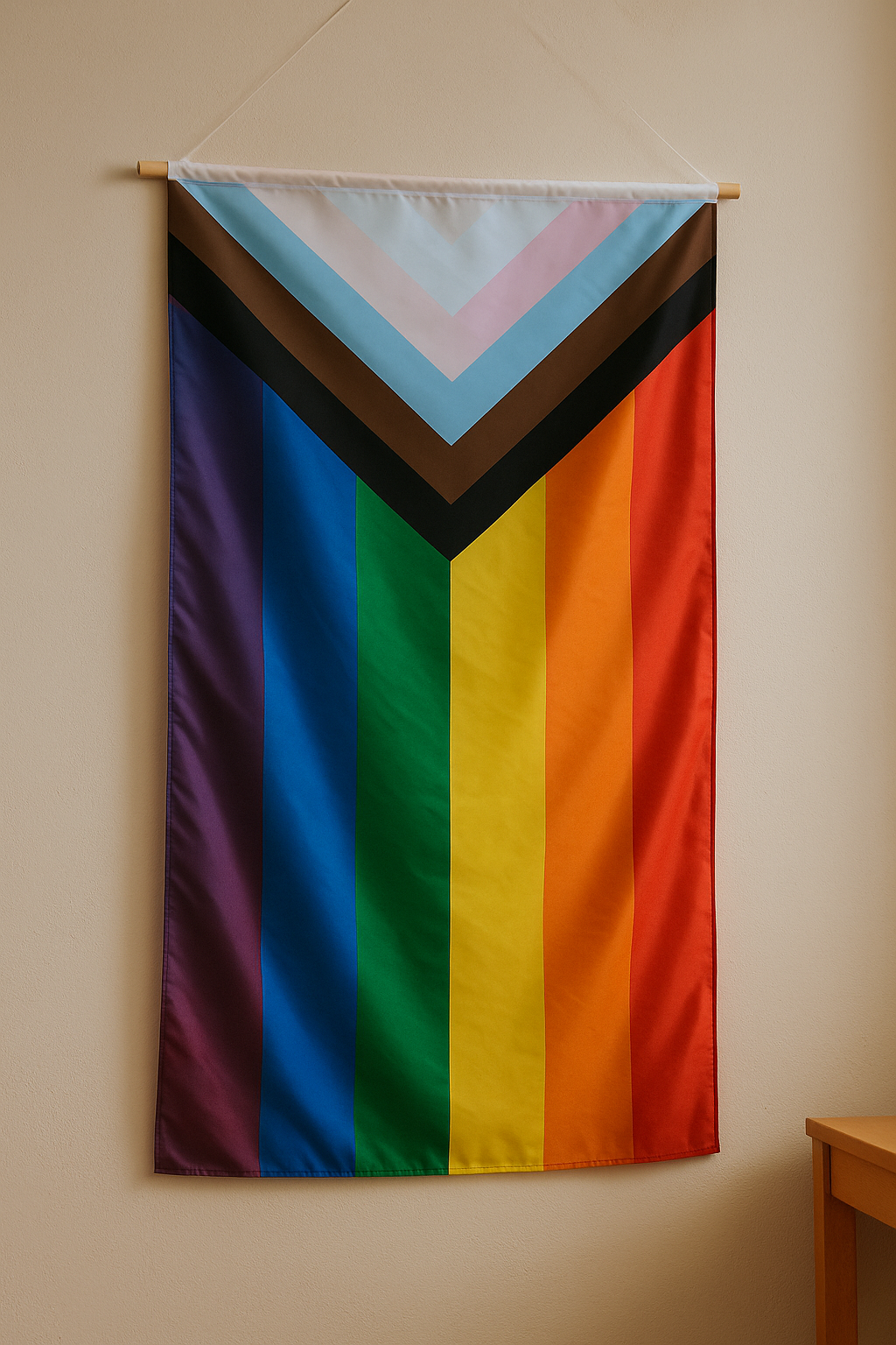 „Eine Progress-Pride-Flagge hängt an einer beigefarbenen Wand. Die Flagge zeigt die typischen Regenbogenstreifen sowie ein keilförmiges Muster in Schwarz, Braun, Hellblau, Rosa und Weiß auf der linken Seite. Sie ist an einem Holzstab mit einer weißen Kordel befestigt. Rechts unten ist eine Holztischkante zu sehen.“