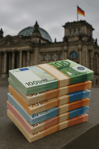 Schuldenlast Deutschland – Geldscheine vor dem Reichstag