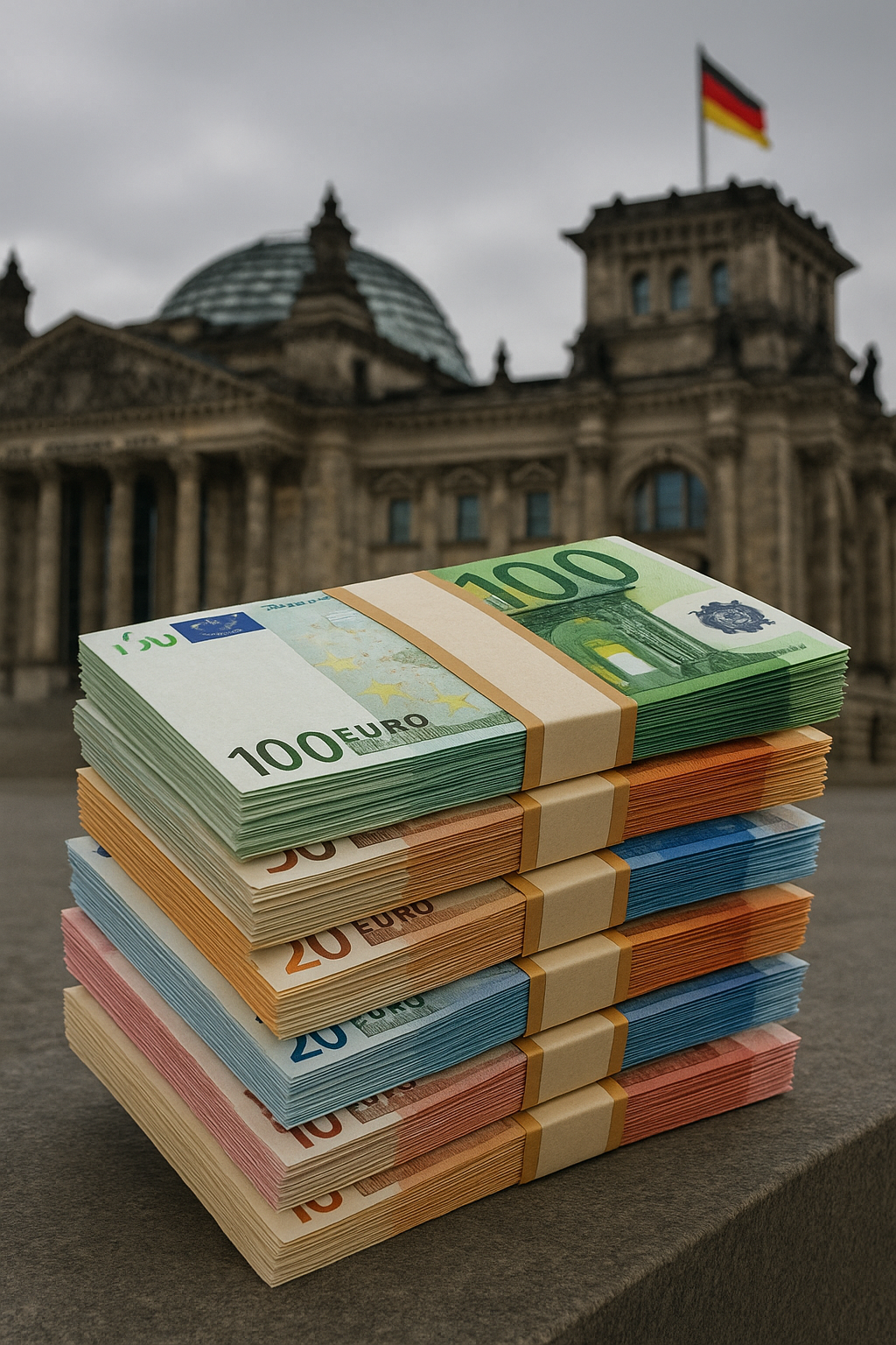 Schuldenlast Deutschland – Geldscheine vor dem Reichstag