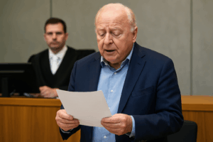 Das Bild zeigt einen älteren Mann im Anzug – vermutlich Alfons Schuhbeck – wie er in einem Gerichtssaal steht und mit ernster Miene ein Blatt Papier vor sich hält, von dem er offensichtlich abliest. Er trägt ein dunkelblaues Sakko über einem hellblauen Hemd. Im Hintergrund sitzt ein Richter in schwarzer Robe an einem erhöhten Tisch, mit neutralem Gesichtsausdruck. Die Atmosphäre wirkt formell und angespannt, typisch für eine Gerichtsverhandlung. Die Mimik des Angeklagten deutet auf Konzentration und emotionale Belastung hin.