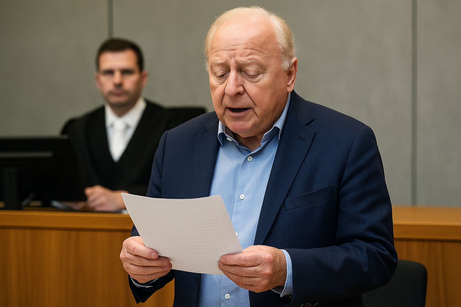 Das Bild zeigt einen älteren Mann im Anzug – vermutlich Alfons Schuhbeck – wie er in einem Gerichtssaal steht und mit ernster Miene ein Blatt Papier vor sich hält, von dem er offensichtlich abliest. Er trägt ein dunkelblaues Sakko über einem hellblauen Hemd. Im Hintergrund sitzt ein Richter in schwarzer Robe an einem erhöhten Tisch, mit neutralem Gesichtsausdruck. Die Atmosphäre wirkt formell und angespannt, typisch für eine Gerichtsverhandlung. Die Mimik des Angeklagten deutet auf Konzentration und emotionale Belastung hin.