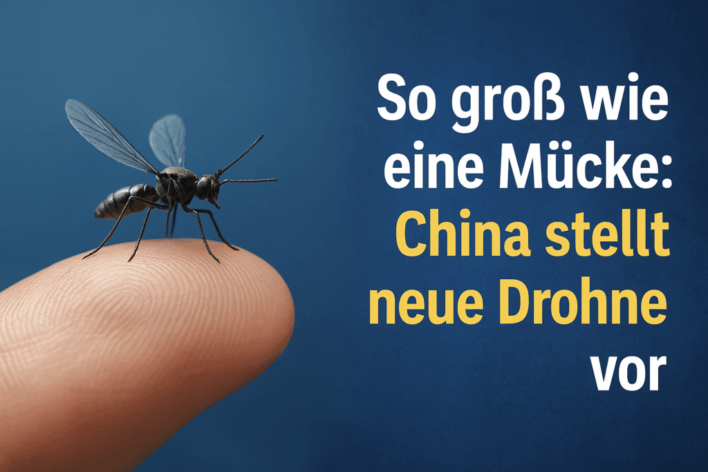 Mini-Drohne in Form einer Mücke sitzt auf einer Fingerspitze. Rechts im Bild der Text: ‚So groß wie eine Mücke: China stellt neue Drohne vor‘
