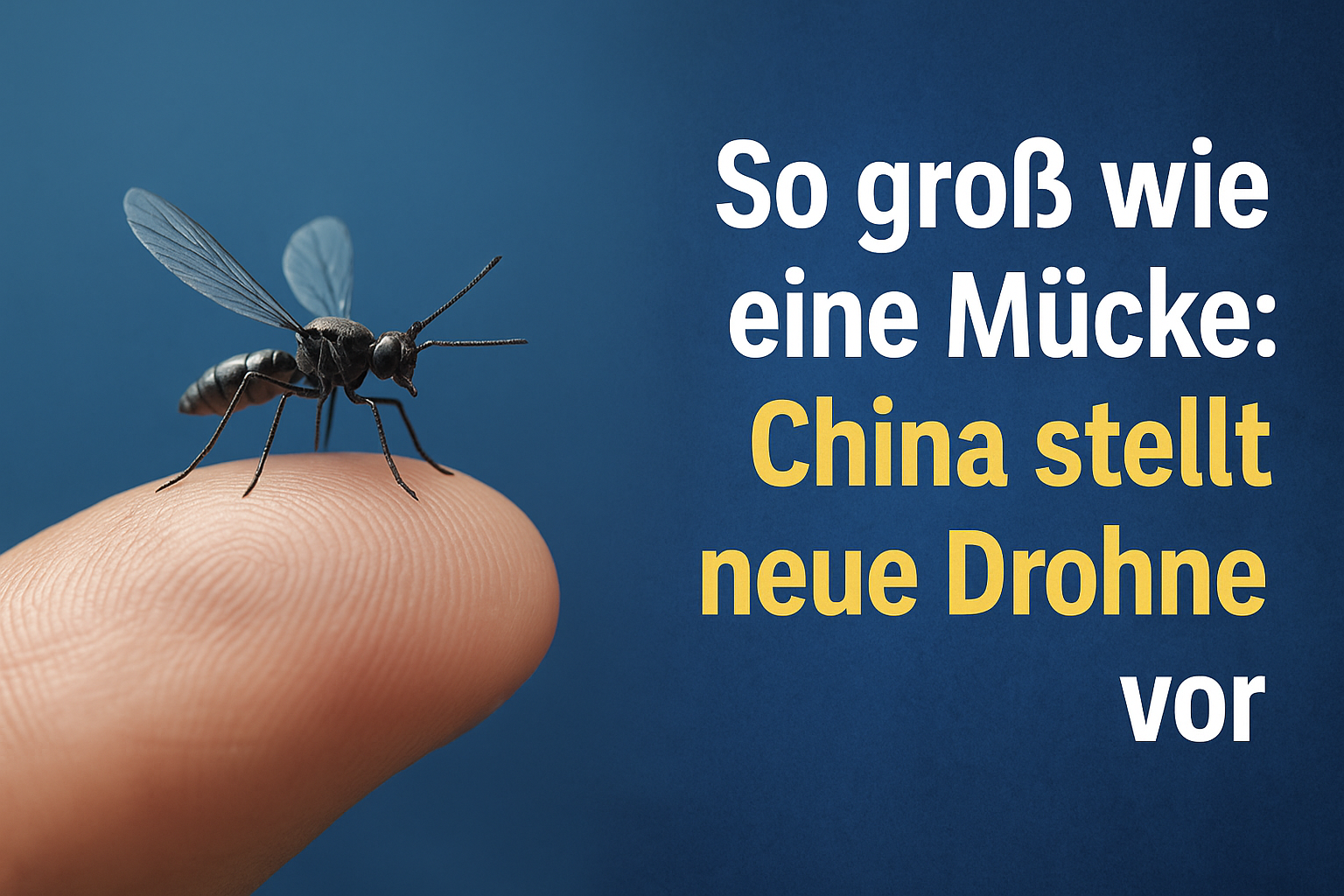 Mini-Drohne in Form einer Mücke sitzt auf einer Fingerspitze. Rechts im Bild der Text: ‚So groß wie eine Mücke: China stellt neue Drohne vor‘