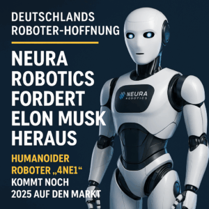 Werbegrafik mit humanoidem Roboter 4NE1 von Neura Robotics vor blauem Hintergrund. Links im Bild steht in großer weißer und gelber Schrift: ‚Deutschlands Roboter-Hoffnung – Neura Robotics fordert Elon Musk heraus. Humanoider Roboter 4NE1 kommt noch 2025 auf den Markt.‘ Der Roboter wirkt futuristisch mit weiß-schwarzem Gehäuse und leuchtenden blauen Augen.