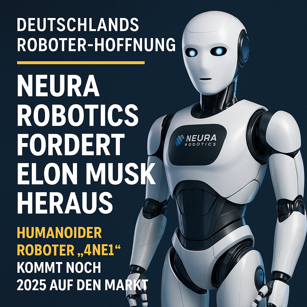 Werbegrafik mit humanoidem Roboter 4NE1 von Neura Robotics vor blauem Hintergrund. Links im Bild steht in großer weißer und gelber Schrift: ‚Deutschlands Roboter-Hoffnung – Neura Robotics fordert Elon Musk heraus. Humanoider Roboter 4NE1 kommt noch 2025 auf den Markt.‘ Der Roboter wirkt futuristisch mit weiß-schwarzem Gehäuse und leuchtenden blauen Augen.