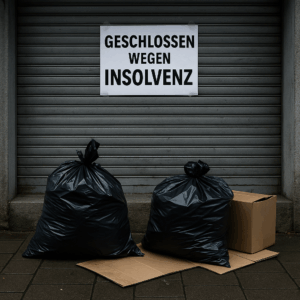 Vor einem heruntergelassenen grauen Rolltor hängt ein großes Schild mit der Aufschrift ‚Geschlossen wegen Insolvenz‘. Davor stehen zwei schwarze Müllsäcke und ein leerer, zusammengefalteter Pappkarton auf dem Gehweg. Die Szene wirkt trostlos und symbolisiert den wirtschaftlichen Stillstand.