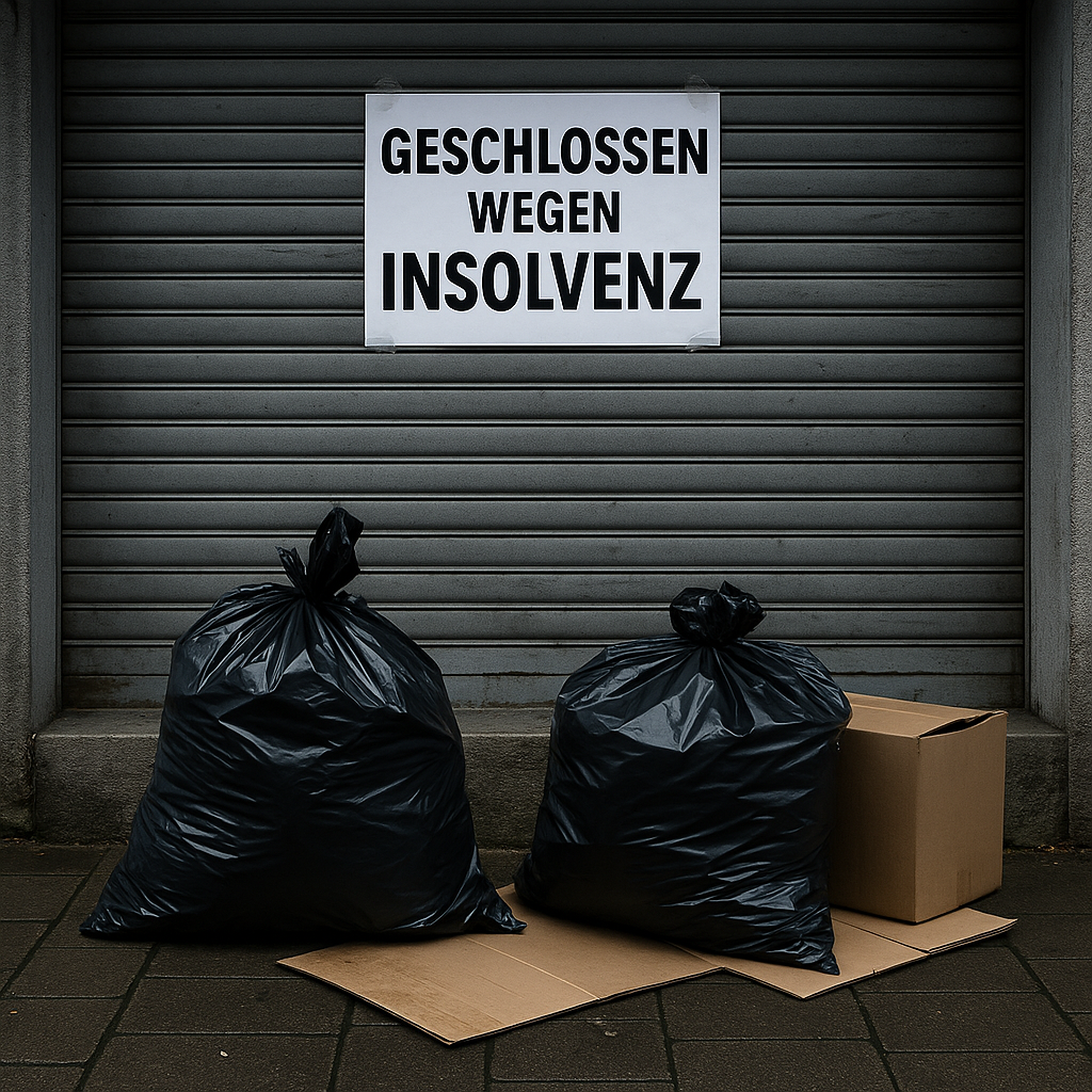 Vor einem heruntergelassenen grauen Rolltor hängt ein großes Schild mit der Aufschrift ‚Geschlossen wegen Insolvenz‘. Davor stehen zwei schwarze Müllsäcke und ein leerer, zusammengefalteter Pappkarton auf dem Gehweg. Die Szene wirkt trostlos und symbolisiert den wirtschaftlichen Stillstand.