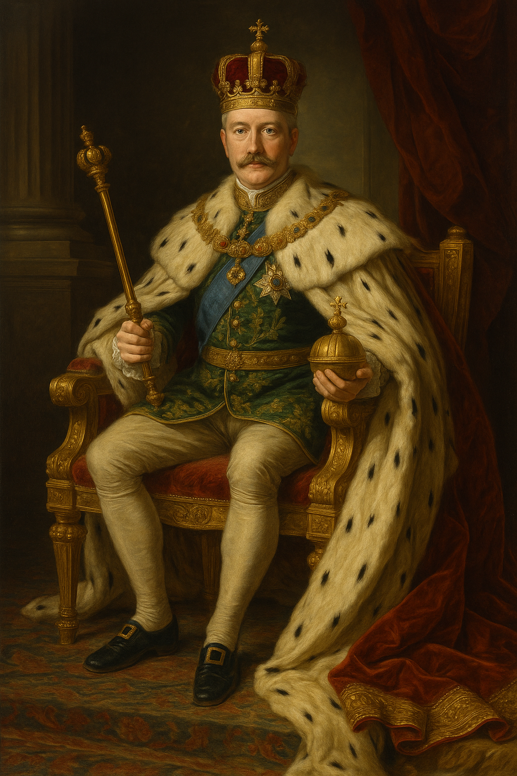 Friedrich August III. – Der letzte König von Sachsen und sein heutiger Nachfolger Historisches Gemälde eines Königs auf einem Thron in prunkvoller sächsischer Kleidung mit Krone und Zepter. Der Hintergrund zeigt einen königlichen Saal mit schweren Vorhängen und barocker Architektur – symbolisches Bild für die Monarchie in Sachsen.
