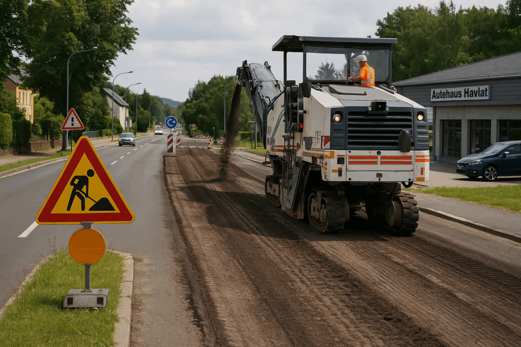 Das Bild zeigt eine aktuelle Straßensanierung auf der Waltersdorfer Straße in Großschönau. Im Vordergrund steht ein Baustellenschild mit dem bekannten Warnsymbol „Arbeitende Person“. Rechts daneben fräst eine große Asphaltfräse mit laufendem Förderarm die Deckschicht der Fahrbahn ab. Ein Bauarbeiter in orangefarbener Warnkleidung sitzt auf der Maschine und überwacht die Arbeiten. Im Hintergrund sind Verkehrsschilder, einige fahrende Autos und das deutlich erkennbare Autohaus Havlat zu sehen. Die Straße bleibt während der Bauarbeiten offen, was die Gleichzeitigkeit von Verkehr und Baustelle eindrucksvoll dokumentiert. Der Himmel ist leicht bewölkt, das Licht neutral – die Szene wirkt realistisch und aktuell.