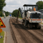 Das Bild zeigt eine aktuelle Straßensanierung auf der Waltersdorfer Straße in Großschönau. Im Vordergrund steht ein Baustellenschild mit dem bekannten Warnsymbol „Arbeitende Person“. Rechts daneben fräst eine große Asphaltfräse mit laufendem Förderarm die Deckschicht der Fahrbahn ab. Ein Bauarbeiter in orangefarbener Warnkleidung sitzt auf der Maschine und überwacht die Arbeiten. Im Hintergrund sind Verkehrsschilder, einige fahrende Autos und das deutlich erkennbare Autohaus Havlat zu sehen. Die Straße bleibt während der Bauarbeiten offen, was die Gleichzeitigkeit von Verkehr und Baustelle eindrucksvoll dokumentiert. Der Himmel ist leicht bewölkt, das Licht neutral – die Szene wirkt realistisch und aktuell.
