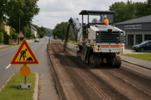 Das Bild zeigt eine aktuelle Straßensanierung auf der Waltersdorfer Straße in Großschönau. Im Vordergrund steht ein Baustellenschild mit dem bekannten Warnsymbol „Arbeitende Person“. Rechts daneben fräst eine große Asphaltfräse mit laufendem Förderarm die Deckschicht der Fahrbahn ab. Ein Bauarbeiter in orangefarbener Warnkleidung sitzt auf der Maschine und überwacht die Arbeiten. Im Hintergrund sind Verkehrsschilder, einige fahrende Autos und das deutlich erkennbare Autohaus Havlat zu sehen. Die Straße bleibt während der Bauarbeiten offen, was die Gleichzeitigkeit von Verkehr und Baustelle eindrucksvoll dokumentiert. Der Himmel ist leicht bewölkt, das Licht neutral – die Szene wirkt realistisch und aktuell.