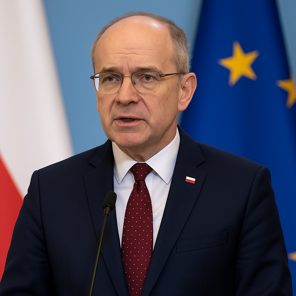 Polens Vize-Verteidigungsminister Pawel Zalewski bei einer Pressekonferenz. Im Hintergrund sind die Flaggen von Polen und der Europäischen Union zu sehen. Zalewski spricht über Polens Wunsch nach mehr militärischer Verantwortung und engerer Zusammenarbeit mit Europa und Deutschland.