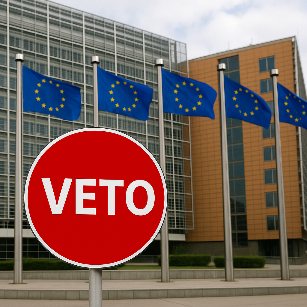 Vor dem Gebäude der Europäischen Union mit Glasfassade und orangefarbenen Elementen stehen mehrere wehende EU-Flaggen. Im Vordergrund ist ein großes rotes Schild mit der weißen Aufschrift ‚VETO‘ zu sehen, das symbolisch einen Einspruch oder eine Blockade innerhalb der EU darstellt