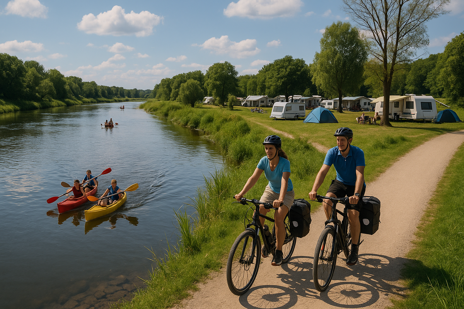 Kajakfahrer und Radfahrer an der Neiße im Sommer