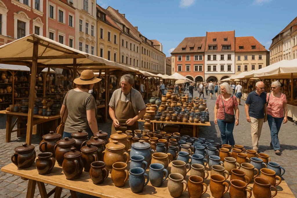chlesischer Tippelmarkt Görlitz 2025 auf dem Untermarkt: Zahlreiche Besucher schlendern zwischen den Ständen mit handgefertigter Keramik aus Deutschland, Polen und Tschechien. Im Vordergrund sind Töpferwaren wie Krüge, Schalen und Töpfe zu sehen, dahinter historische Fassaden der Görlitzer Altstadt.