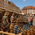 chlesischer Tippelmarkt Görlitz 2025 auf dem Untermarkt: Zahlreiche Besucher schlendern zwischen den Ständen mit handgefertigter Keramik aus Deutschland, Polen und Tschechien. Im Vordergrund sind Töpferwaren wie Krüge, Schalen und Töpfe zu sehen, dahinter historische Fassaden der Görlitzer Altstadt.