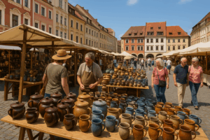 chlesischer Tippelmarkt Görlitz 2025 auf dem Untermarkt: Zahlreiche Besucher schlendern zwischen den Ständen mit handgefertigter Keramik aus Deutschland, Polen und Tschechien. Im Vordergrund sind Töpferwaren wie Krüge, Schalen und Töpfe zu sehen, dahinter historische Fassaden der Görlitzer Altstadt.