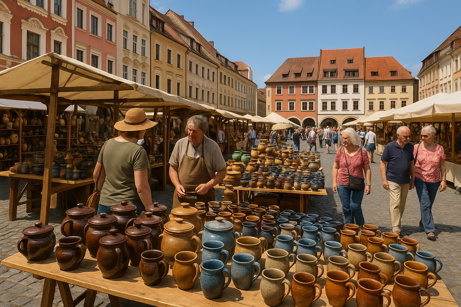 chlesischer Tippelmarkt Görlitz 2025 auf dem Untermarkt: Zahlreiche Besucher schlendern zwischen den Ständen mit handgefertigter Keramik aus Deutschland, Polen und Tschechien. Im Vordergrund sind Töpferwaren wie Krüge, Schalen und Töpfe zu sehen, dahinter historische Fassaden der Görlitzer Altstadt.
