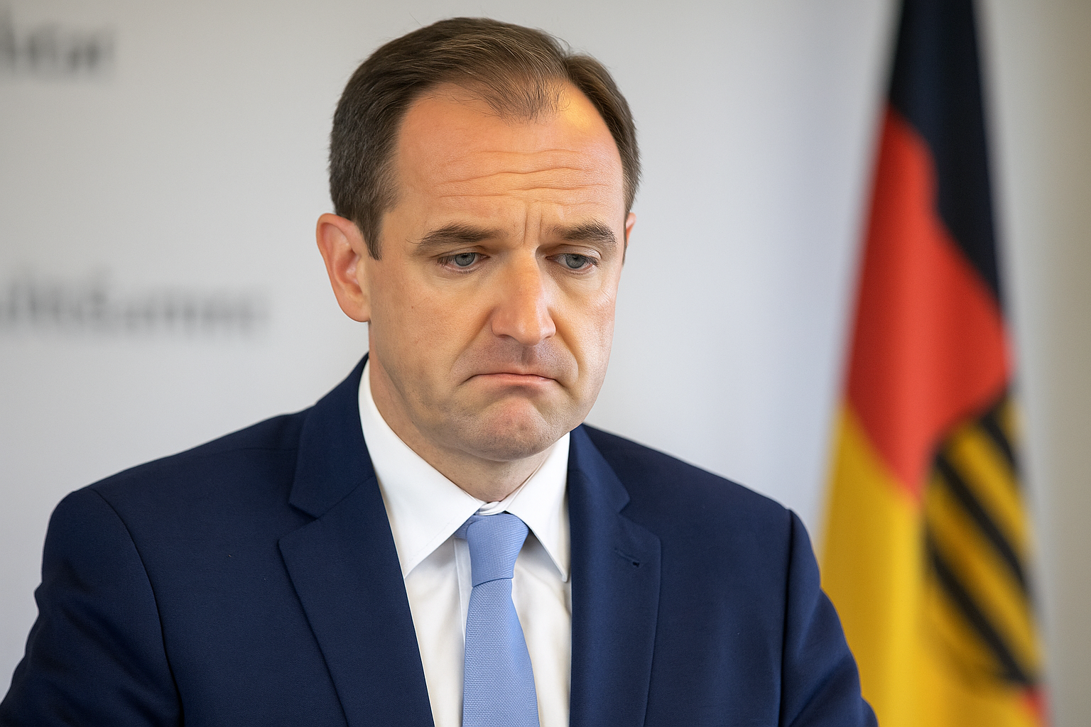 Ein nachdenklich wirkender Mann im blauen Anzug mit hellblauer Krawatte steht vor einer Deutschlandflagge. Der Hintergrund ist neutral, der Gesichtsausdruck ernst bis besorgt, passend zum Thema politischer Glaubwürdigkeitsverlust.