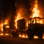 Vier Militär-Lkw stehen in der Nacht in Flammen. Die Fahrzeuge brennen lichterloh, hohe Flammen und dichte schwarze Rauchwolken steigen in den Himmel. Die Szene ist von einem grellen orangefarbenen Feuerschein erleuchtet. Die Lkw stehen auf einem Schotterplatz, im Vordergrund ist ein brennender Lastwagen deutlich zu erkennen.“
