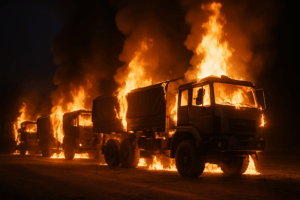 Vier Militär-Lkw stehen in der Nacht in Flammen. Die Fahrzeuge brennen lichterloh, hohe Flammen und dichte schwarze Rauchwolken steigen in den Himmel. Die Szene ist von einem grellen orangefarbenen Feuerschein erleuchtet. Die Lkw stehen auf einem Schotterplatz, im Vordergrund ist ein brennender Lastwagen deutlich zu erkennen.“