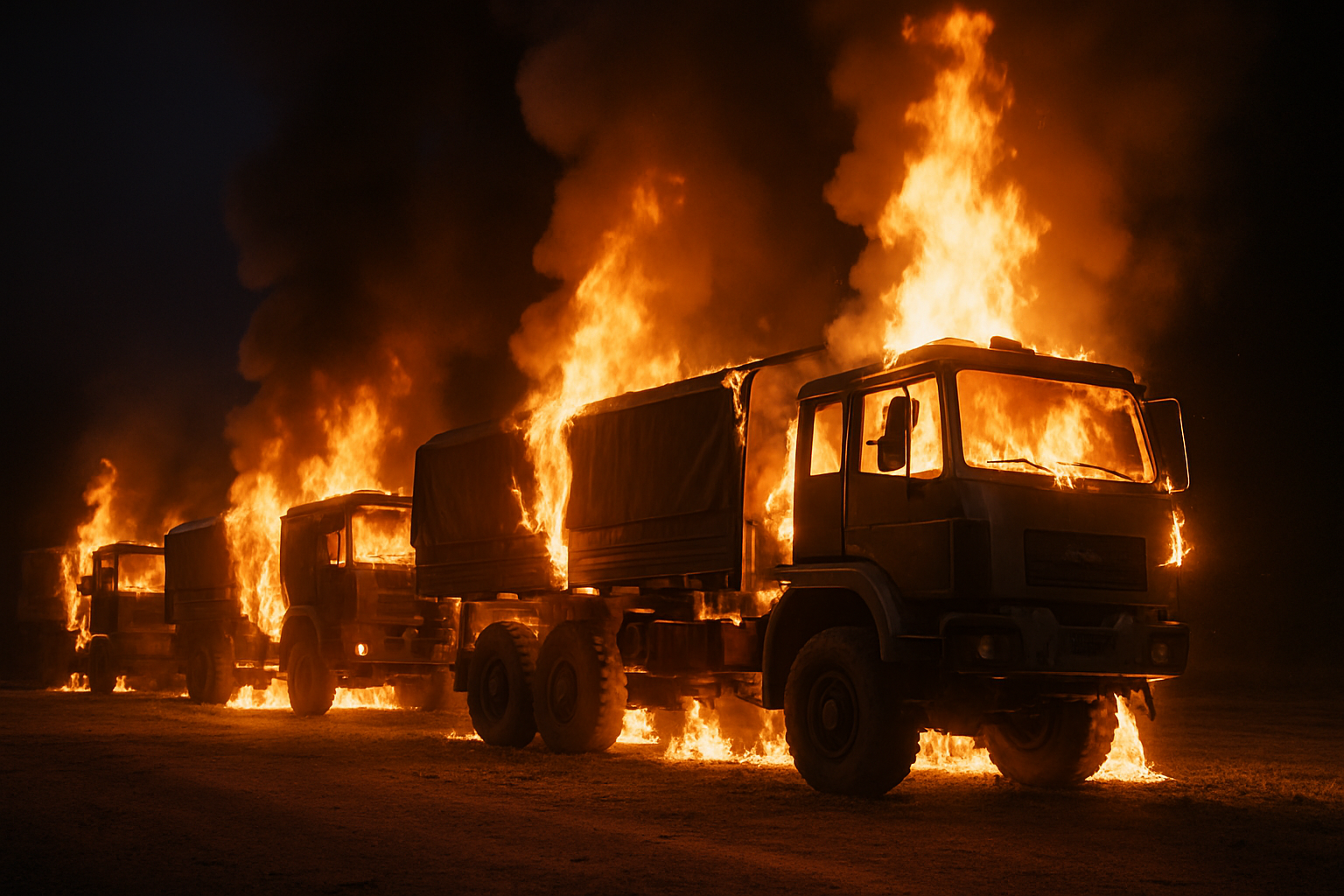 Vier Militär-Lkw stehen in der Nacht in Flammen. Die Fahrzeuge brennen lichterloh, hohe Flammen und dichte schwarze Rauchwolken steigen in den Himmel. Die Szene ist von einem grellen orangefarbenen Feuerschein erleuchtet. Die Lkw stehen auf einem Schotterplatz, im Vordergrund ist ein brennender Lastwagen deutlich zu erkennen.“