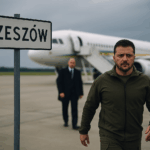 Das Bild zeigt den ukrainischen Präsidenten Wolodymyr Selenskyj, wie er entschlossen über das Rollfeld eines Flughafens geht. Im Vordergrund steht ein gut sichtbares Schild mit der Aufschrift „RZESZÓW“, das den Ort des Geschehens kennzeichnet. Selenskyj trägt olivgrüne Militärkleidung, sein Gesichtsausdruck ist ernst und fokussiert. Im Hintergrund steht ein ukrainisches Regierungsflugzeug mit geöffneter Flugzeugtreppe. Ein Sicherheitsbeamter in dunklem Anzug folgt ihm in einiger Entfernung. Die Szene ist von einem grauen Himmel und zurückhaltender Lichtstimmung geprägt – sie vermittelt Spannung und Dringlichkeit.