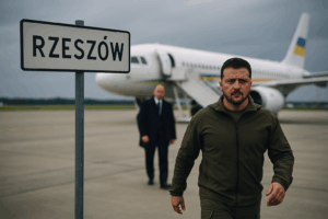 Das Bild zeigt den ukrainischen Präsidenten Wolodymyr Selenskyj, wie er entschlossen über das Rollfeld eines Flughafens geht. Im Vordergrund steht ein gut sichtbares Schild mit der Aufschrift „RZESZÓW“, das den Ort des Geschehens kennzeichnet. Selenskyj trägt olivgrüne Militärkleidung, sein Gesichtsausdruck ist ernst und fokussiert. Im Hintergrund steht ein ukrainisches Regierungsflugzeug mit geöffneter Flugzeugtreppe. Ein Sicherheitsbeamter in dunklem Anzug folgt ihm in einiger Entfernung. Die Szene ist von einem grauen Himmel und zurückhaltender Lichtstimmung geprägt – sie vermittelt Spannung und Dringlichkeit.