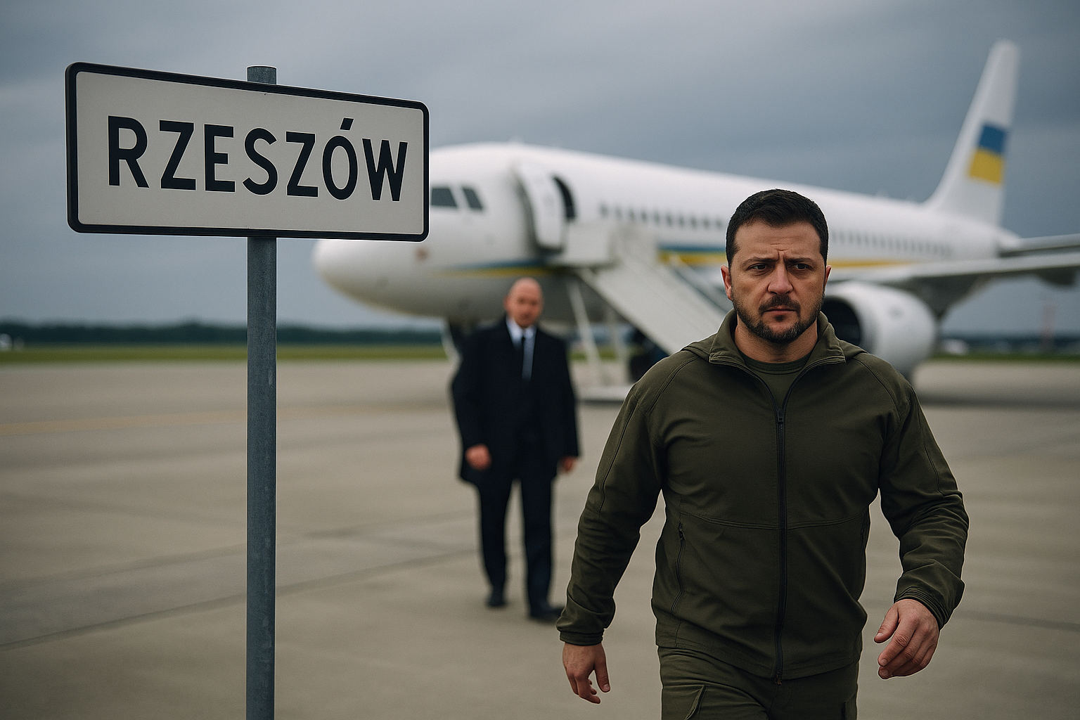 Das Bild zeigt den ukrainischen Präsidenten Wolodymyr Selenskyj, wie er entschlossen über das Rollfeld eines Flughafens geht. Im Vordergrund steht ein gut sichtbares Schild mit der Aufschrift „RZESZÓW“, das den Ort des Geschehens kennzeichnet. Selenskyj trägt olivgrüne Militärkleidung, sein Gesichtsausdruck ist ernst und fokussiert. Im Hintergrund steht ein ukrainisches Regierungsflugzeug mit geöffneter Flugzeugtreppe. Ein Sicherheitsbeamter in dunklem Anzug folgt ihm in einiger Entfernung. Die Szene ist von einem grauen Himmel und zurückhaltender Lichtstimmung geprägt – sie vermittelt Spannung und Dringlichkeit.